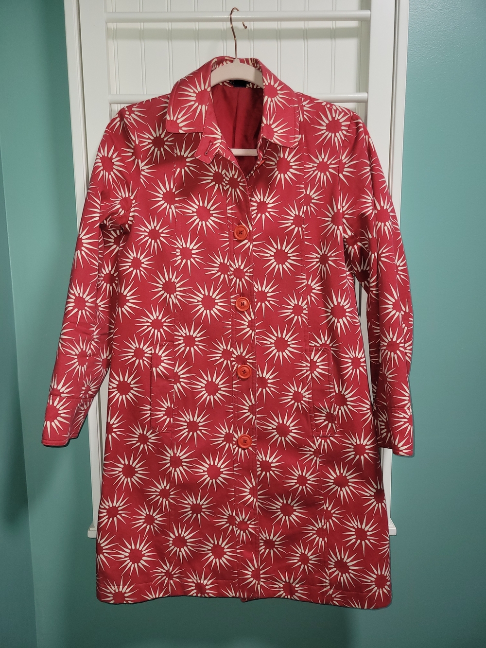 Boden Vintage Y2K Red Trench Coat with White Starburst Print UK10/US6